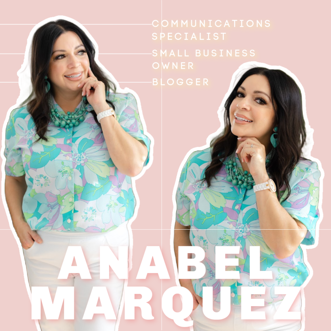 Two pictures of Anabel smiling wearing flower shirt with a pink background.